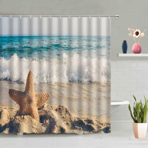 Blue Ocean Beach Shower Curtain Starfish Stone Summer Scenery Bathroom Bathing Curtains Screen Hanging With Hooks Set Washable