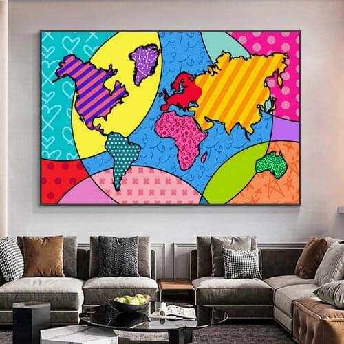 Modern Watercolor World Map Canvas Painting Abstract Graffiti Art Posters and Prints Wall Art Picture for Living Room Home Decor