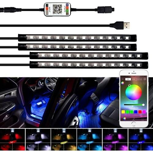 4Pcs Led Light Strips for Car Interior Atmosphere Lamp RGB 5050 USB Ambient Light APP Wireless Remote Music Contro Foot Lamp 12v