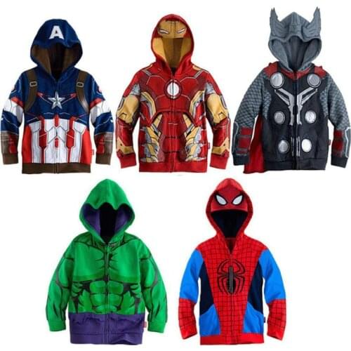 Childr Marvel Sweater Spring and Autumn Boys Spiderman Iron Man Captain America Hulk Thor Coat Cartoon Anime Print Zipper Hoodie