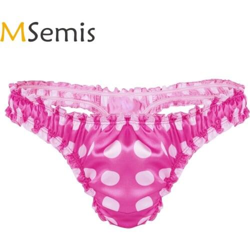 Mens Bikini Jockstrap Underwear Sissy High Cut Polka Dot Ruffled Satin Panties Sexy Lace Trim T-Back Tanga Thong Male Gay Briefs