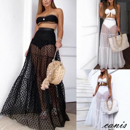 Boho Casual Women See Through Polka Dot High Waist Sexy Loose Black/White Maxi Skirts Transparent Bathing Beach Bikini Cover Ups