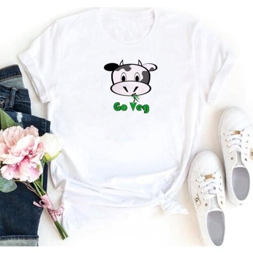 Go Veg Womens T-shirt Cute Catoons Cow Pattern T Shirt Women Cotton Loose Women Tshirt Casual Printing Tee Shirt Femme