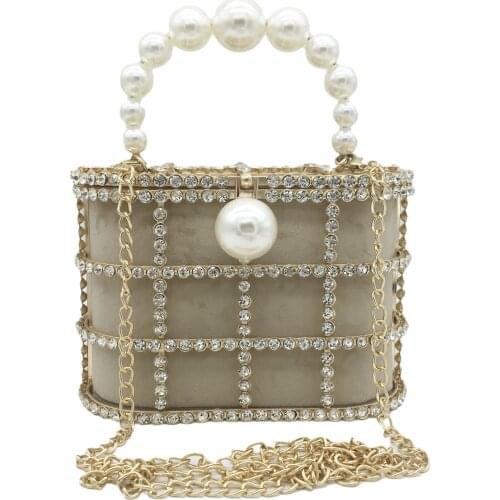 Boutique De FGG Pearl Top-Handle Women Totes Bag Gold Bucket Bags Metal Clutches Crystal Evening Purses Wedding Bridal Handbags