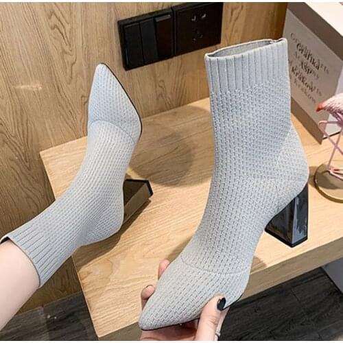 Women Sock Boots Ankle Boots Warm Kintting Ladies High Heels Ladies Winter Stretch Fabric Pointed Toe Shoes Fashion 2020 New Hot