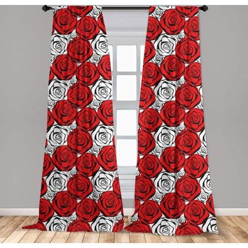 Red and Black Curtains Roses with Black Contours in Retro Style Feminine Nature Inspired Window Curtains for Living Room Bedroom