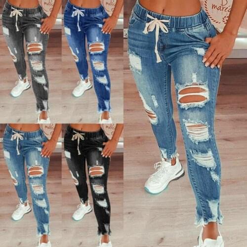 Womens Fashion Hip Hop Broken Holes Denim Jeans Drawstring Ripped Pencil Pants pantalones de mujer jean femme