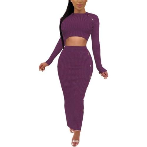 Dress Sets 2Pcs Leisure elegance Sexy Women Solid Color Long Sleeve Short Crop Top Sweater Button Knit Skirt Womens Clothing