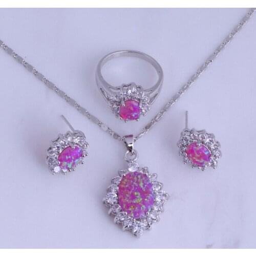 Aesthetic Pink Imitation Fire Opal & Cubic Zircon Silver Color Jewelry Sets for Women H0298
