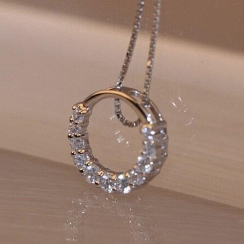 Shiny Zircon Crystal Circle 925 Sterling Silver Womens Pendant Necklaces Jewelry Gift