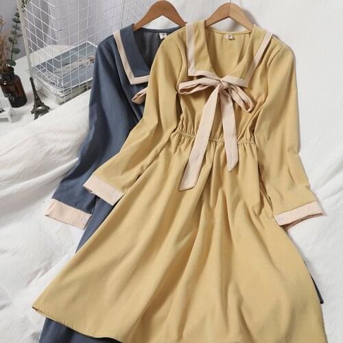 High Quality 2021 Spring Autumn New Arrival Elegant POLO Collar Long Sleeve Bowknot Woman Retro Sweet Dress A61