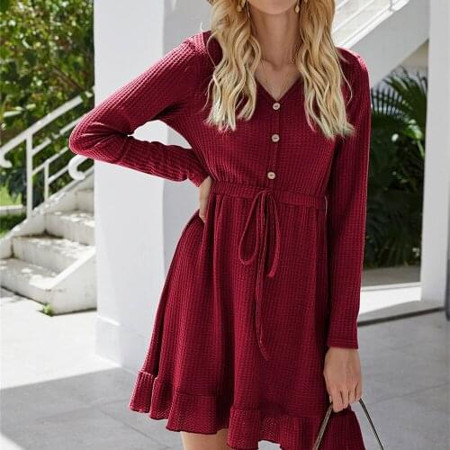GOOHOJIO V-neck Solid Sashes Women Dress 2020 New Ruffles Mini Dress Ladies Vintage Button Full Sleeve Button Red Dress Vestidos