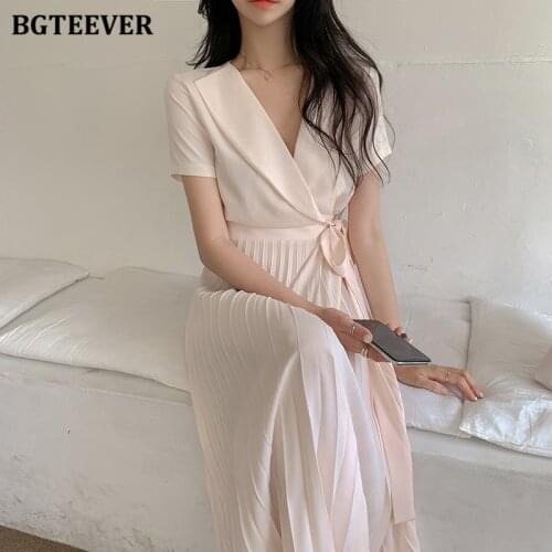 BGTEEVER Elegant Lace-up V-neck Women Midi Dress Short Sleeve Slim Waist Solid Vestidos Femme 2020 Summer Ladies Pleated Dress
