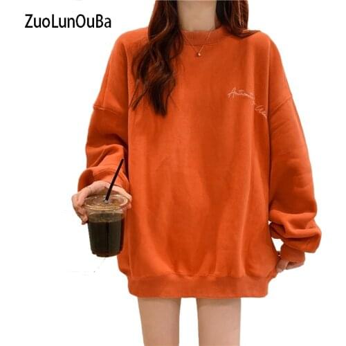 Winter Women Orange Letter Print Harajuku Loose Long Sleeve Sweatshirt Fleece Pullover Crew Neck Coat