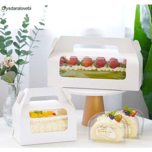 10pcs Handle Cake Packing Boxes Towel Roll Swiss Roll Birthday Party Farvor Handmake Gift With Transparent Window