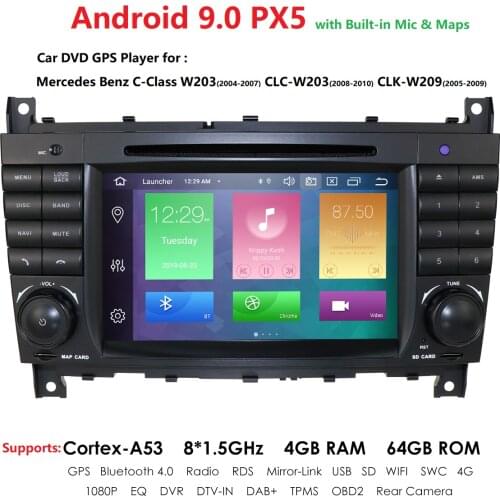 2 Din Android 9 4GB 64GB Car Auto Radio DVD for Mercedes Benz W203 2004-2007 W209 CLC W203 2008-2010 GPS PX5 Navigation Player