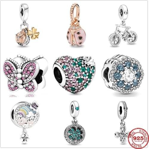 925 Sterling Silver Clover & Ladybird colorful heart Flower Pendant DIY fine beads Fit Original Pandora Charm Bracelet Jewelry