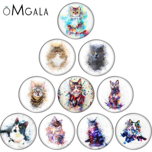 Watercolor Ink Cat Animals Paintings 10pcs 12mm/18mm/20mm/25mm Round photo glass cabochon demo flat back Making findings