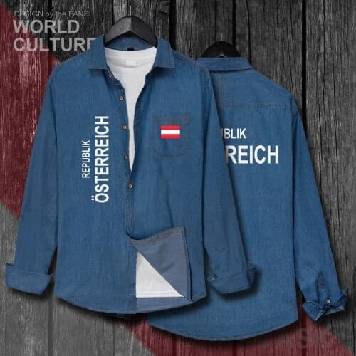 Austria Austrian AT AUT Men Nation Flag Clothes 2018 Autumn Cotton Long Sleeve Cowboy Turn-down Collar Jeans Shirt Fashion Tops