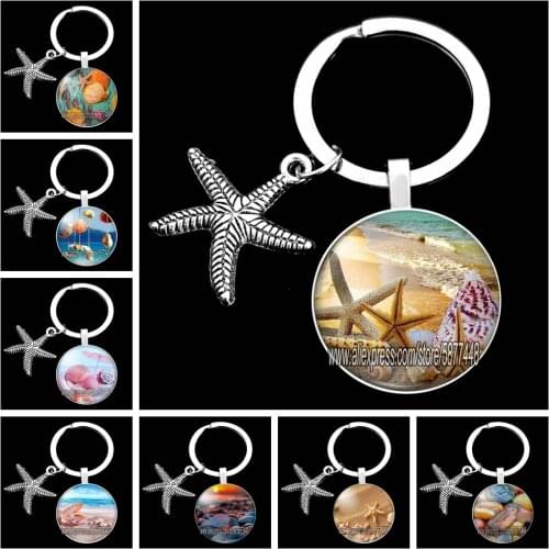 Pink Starfish Glass Cabochon Keychain Beautiful Sandy Beach Full of Starfish and Shells Summer Glass Key Ring for Women and Girl