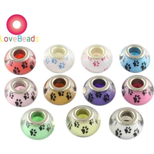 10Pcs Large Hole Dog Paw Print Pattern DIY European Loose Beads Fit Charm Pandora Bracelet Snake Chain Spacer for Jewelry Making