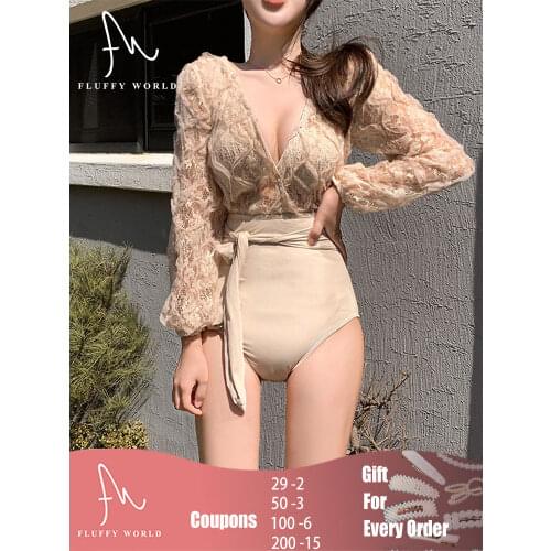 One-piece Lace Swimsuit for Women Floral Swimwear Long Sleeve High Waisted Bikini Lady Swim Jump Bath Suit Beach Swimwear 2021