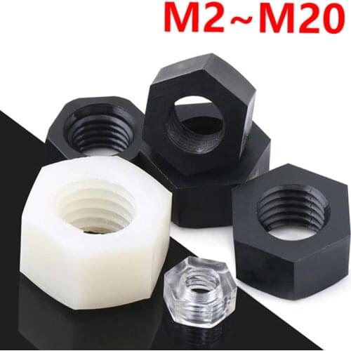 M2~M20 Black/white Nylon Hex Nut Plastic Hexagon Nut Pa66 Thermal Insulation Hexagon Thread Screw Cap Transparent PVC Nut DIN934