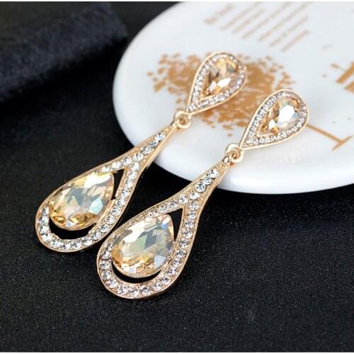 Double Waterdrop Design Crystal Drop Earrings Luxury Rhinestone Inlaid Gold Color Metal Dangle Earrings Women Party Jewelry 2018
