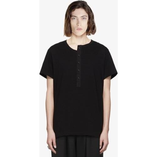 Black open collar buttoned T-shirt irregular structure simple drop shoulders loose original designer male T