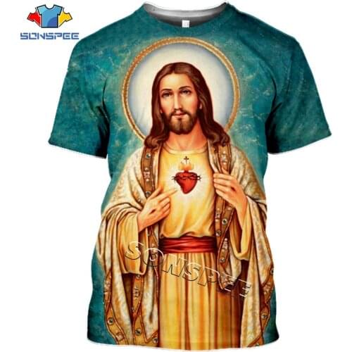 SONSPEE Summer Casual Streetwear Harajuku God Cartoon Men Tee Shirts Religion Christ Jesus 3D Print Mens T-Shirt Homme Clothing