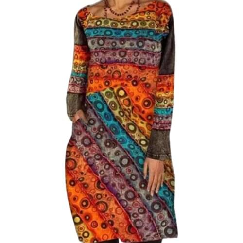 Dress woman Vintage Women Circle Ethnic Print O Neck Long Sleeve Party Knee-length Dress femme robe vestido de mujer платье 2021