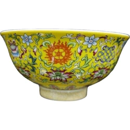 Chinese old porcelain Yellow ground pastel eight-treasure pattern bowl