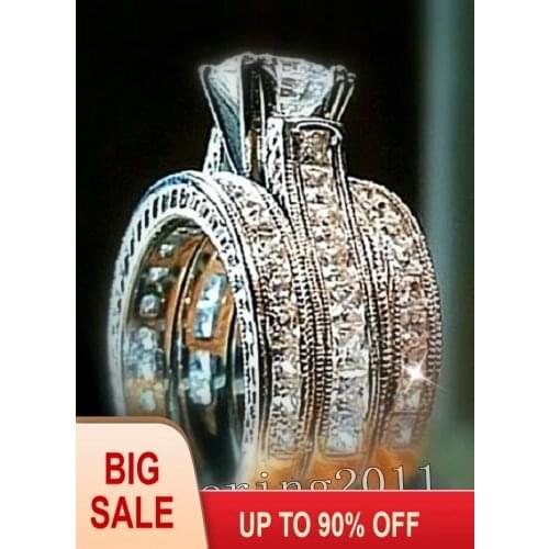 Fashion Jewelry 6mm princess cut 5A Zircon stone 14KT White Gold Filled 3-in-1 Engagement Wedding Ring Set For women Size 5-11