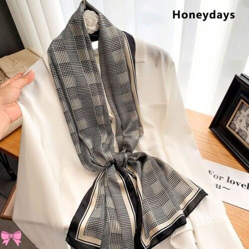 New Designer Brand Plaid Letter Print Silk Scarf Shawl for Bag Chiffon Satin Lady Hair Neck Foulard Office Scarfs Female Bandana