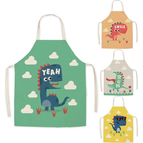 New Parent-child Kitchen Apron Cartoon Dinosaur Printed Linen Baking Cooking Aprons for Women Home Cleaning Apron chef apron