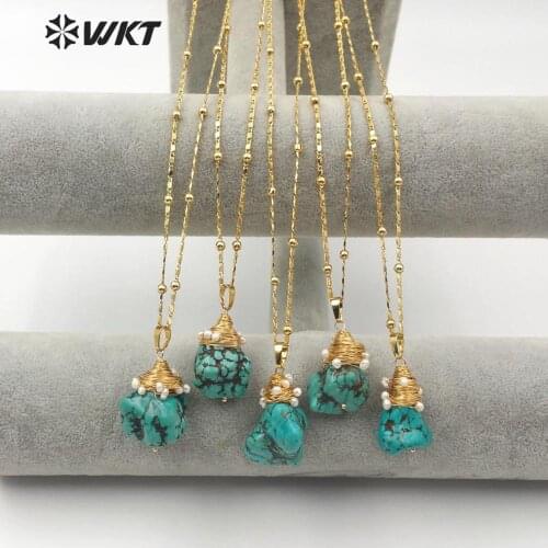 WT-N1153 Wholesale Natural Turquoises Necklace with Copper Wire Winding Pendant 24k Gold Trim Necklace for Women