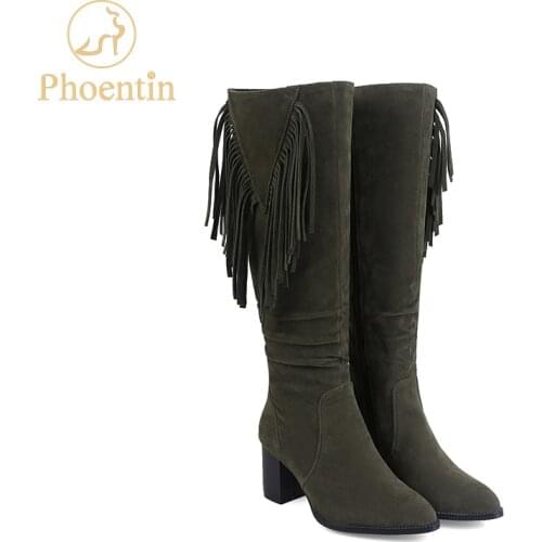Phoentin fringe knee high boots female zip closure winter shoes women flock upper plush inside high heel 6cm womens shoes FT169