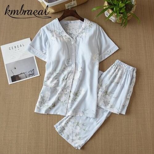 Womens Pajamas Summer 100% Cotton V-Neck Tops+Pants Set Printed Comfort Sleepwear Soft Thin Homewear with Chest Pad Plus Size
