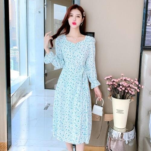 Dress Women Autumn 2021 New Office Lady French Korea Style Long Sleeve Floral Print Chiffon V-Neck Dresses Traf