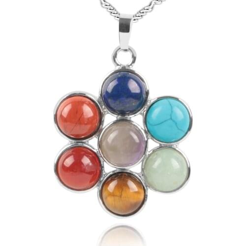 Natural Stone Seven Chakra Pendant Necklace Mens and Womens Jewellery Stainless Steel Ball Beads Fashion Jewelry