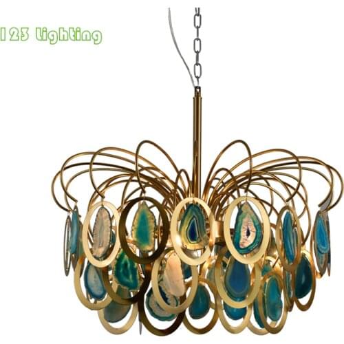 Natural agate Foyer LED Pendant Lamp Living room Bedroom LED Chandeliers Gold Metal Loft Hanging Lamp Nordic Luminaire Home Deco