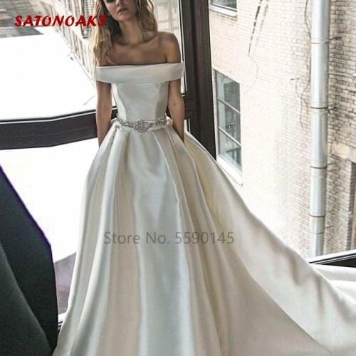 2020 Simple Elegant A Line Satin Wedding Dress Pockets Beaded Sash Off the Shoulder Vestidos De Noiva Bridal Gowns Robe Mariage