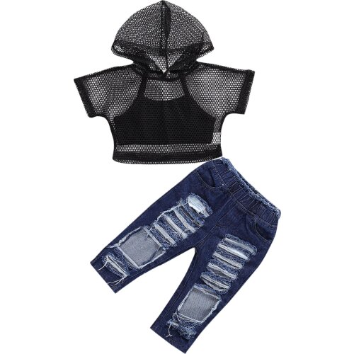 Citgeett Summer Clothing Infant Kids 3Pcs Fashion Sets Fishnet Hooded Crops Vest Tops Ripped Hole Jeans Pants Fashion Outwear