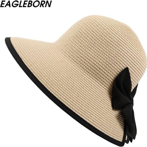New Women Sun Hat Beach Hat High Quality Bow Visors Hat Summer Female Dress Hat Horsetail Wide Brim Floppy Sun Hats for Women