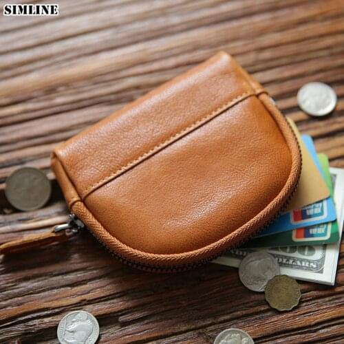 SIMLINE Genuine Leather Coin Purse For Women Handmade Vintage Small Zipper Clutch Wallet With Card Holder Case Money Bag Female
