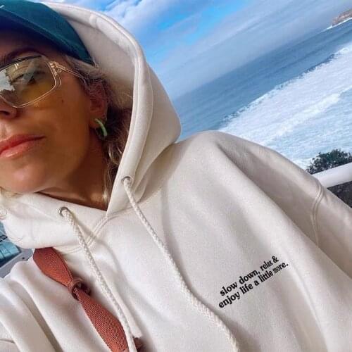 Calelinka Positive Slogan Pocket Print White Hoodies Loose 2021 Autumn Thick Tops American Fashion Casual Sweatshirts For Women