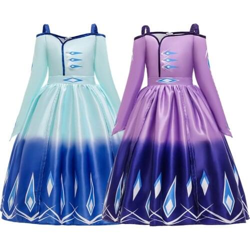 Party Princess Elsa Costume for Girls Snow Queen Cosplay Elsa 2 new costume Bady Girls Halloween Purple Party Long Evening Dress