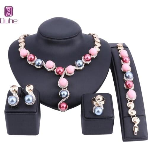 Vintage Women Girls Choker Chunky Simulated Pearl Crystal Statement Necklace Earring Bridal Jewelry Set