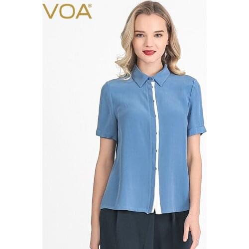 VOA Silk 40m/m Solid Color Polo Collar Single Row Dark Buckle White Stitching Commuting Simplicity Short-Sleeved Shirt B081