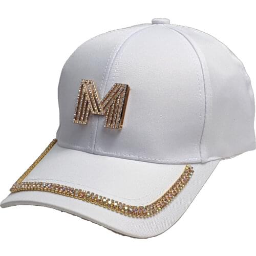 Letter M Womens Bling Baseball Cap Ladies Fashion Caps with Rhinestones Snapback Hip Hop Hats Black White